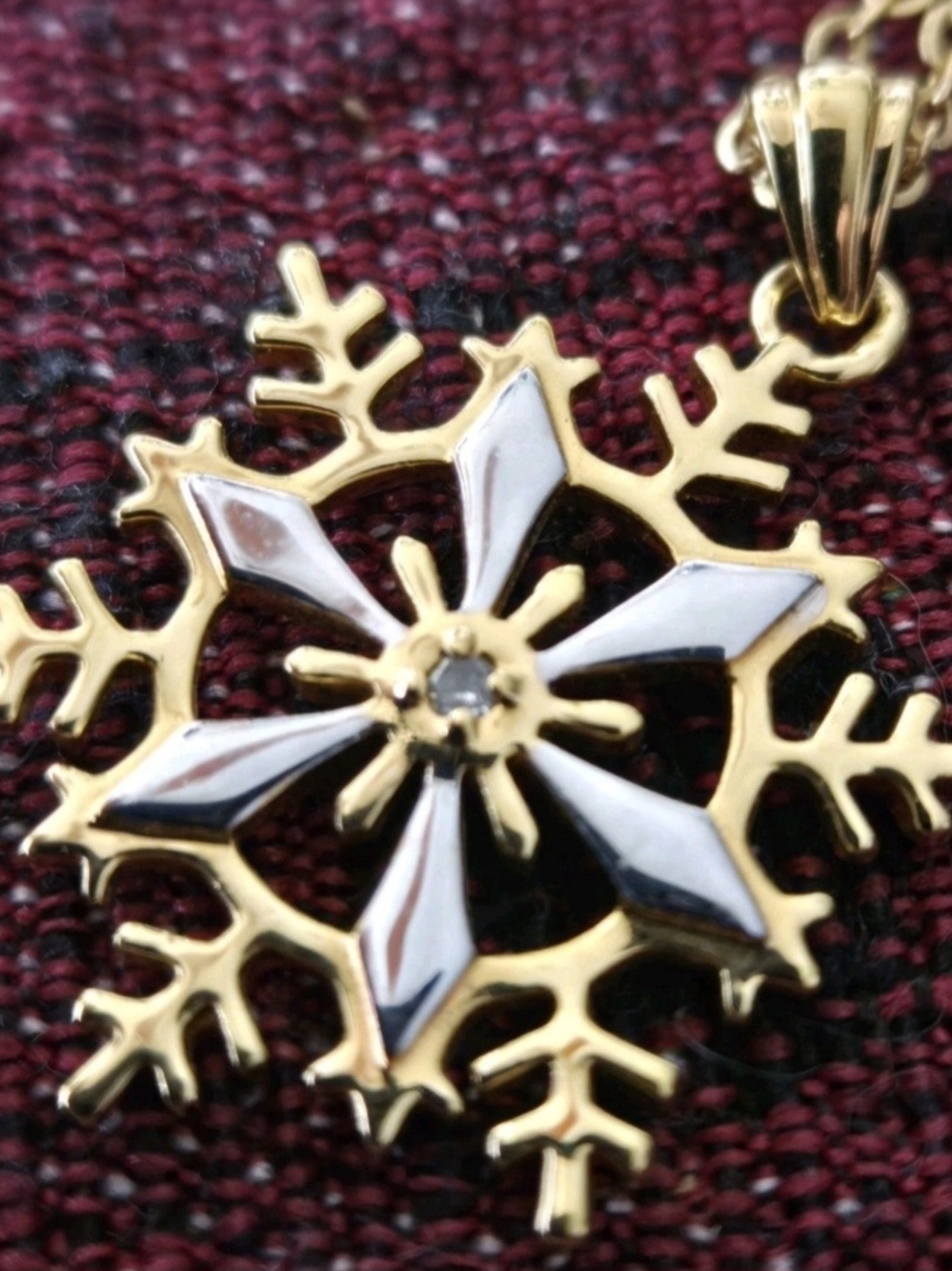 Gold and White Snowflake Pendant Necklace with Center Accent